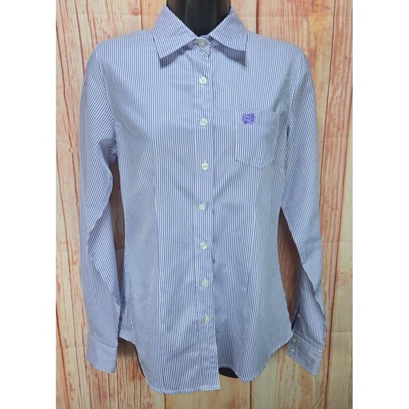Cinch Tops - Cinch Womens Striped Button-Up Shirt Small Purple/White Long Sleeve